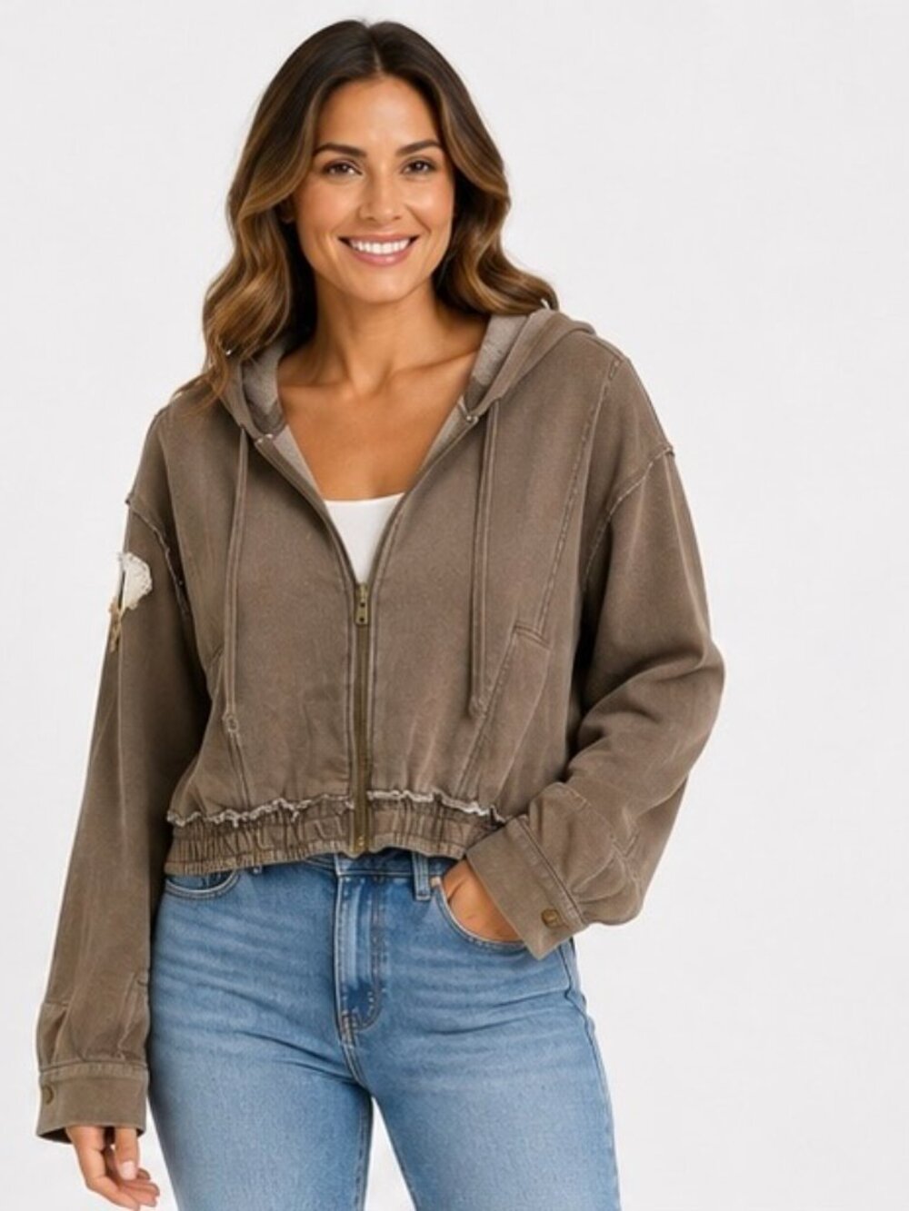 AHO Women’s Medium Y2K Brown Gray Hooded Zip Up Jacket Hoodie Distressed Peace